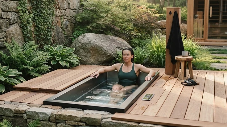 Modern home cold plunge unit in a premium backyard setting
