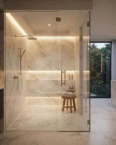A luxurious spa-inspired bathroom featuring a modern glass-enclosed steam shower.