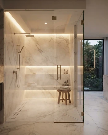 A luxurious spa-inspired bathroom featuring a modern glass-enclosed steam shower.