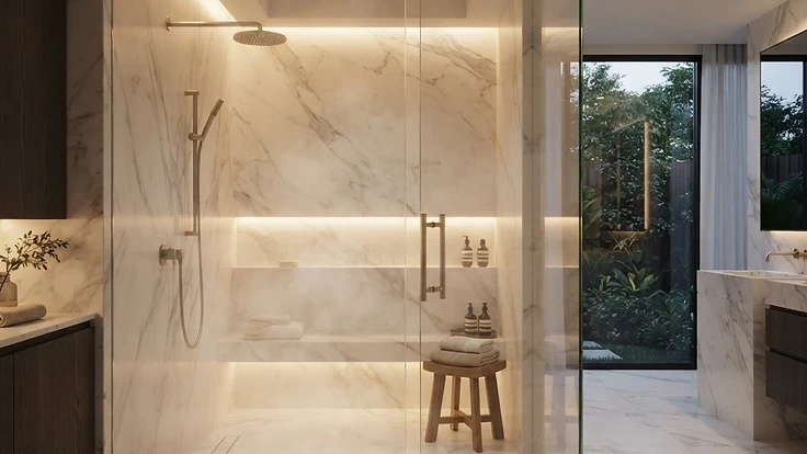 A luxurious spa-inspired bathroom featuring a modern glass-enclosed steam shower.