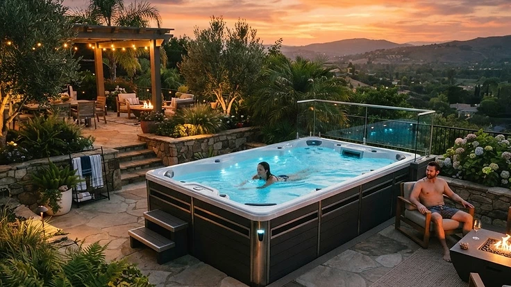 Modern swim spa in a luxury backyard at sunset