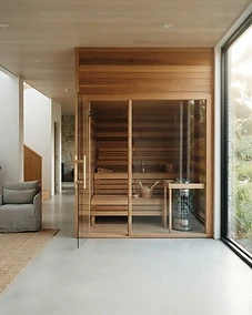 Modern home sauna interior with wooden finishes