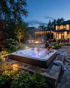 Premium hot tub in a luxury backyard setting at dusk.