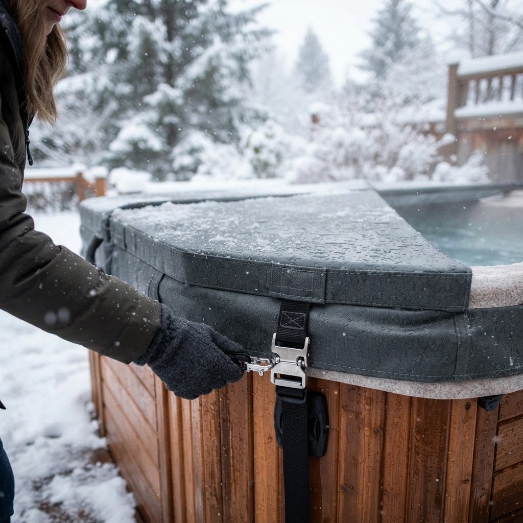 Securing a durable, insulated hot tub cover for winter protection.