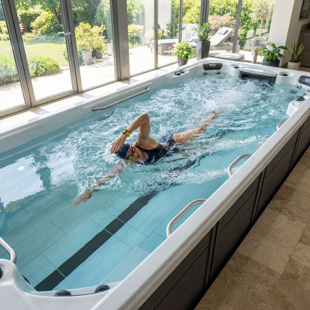 A swimmer training in a modern home swim spa.