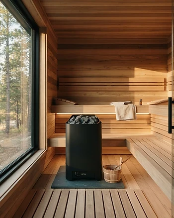 Modern home sauna interior for biohacking and recovery