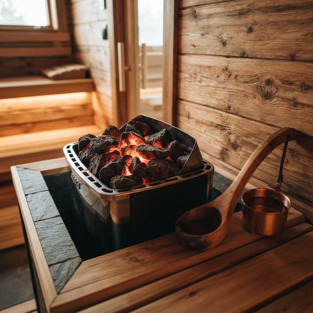 Modern electric sauna heater with volcanic rocks.