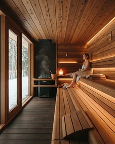 Interior view of a luxury cedar sauna room