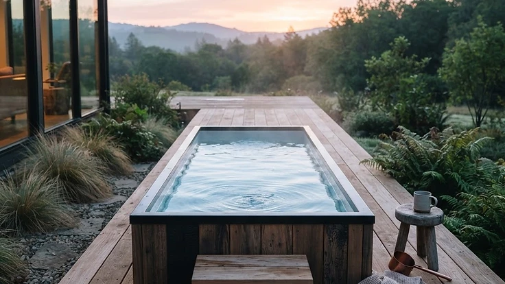A modern cold plunge tub setup on a premium home deck