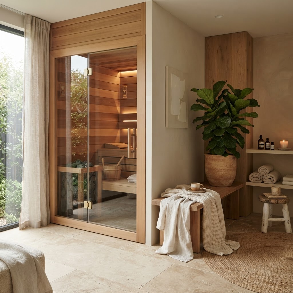 A luxury wellness room featuring a high-end home sauna