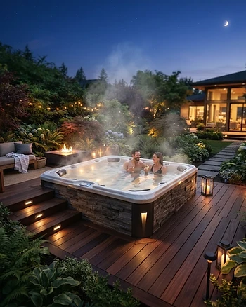 A luxurious hot tub installed in a modern, serene outdoor patio space.