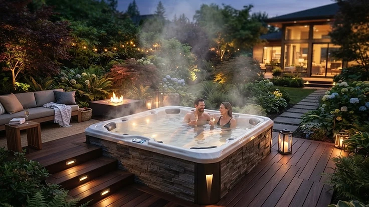 A luxurious hot tub installed in a modern, serene outdoor patio space.