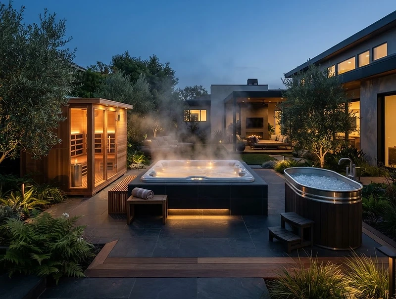 Hearthside Supply LLC — Premium Home Wellness Products Premium home sauna, hot tub, cold plunge, and steam shower at dusk