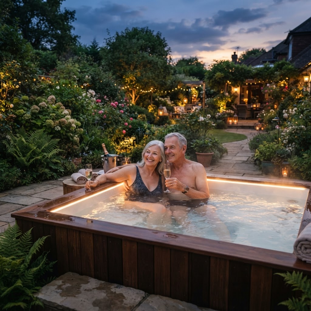 Senior couple relaxing in a luxury hot tub