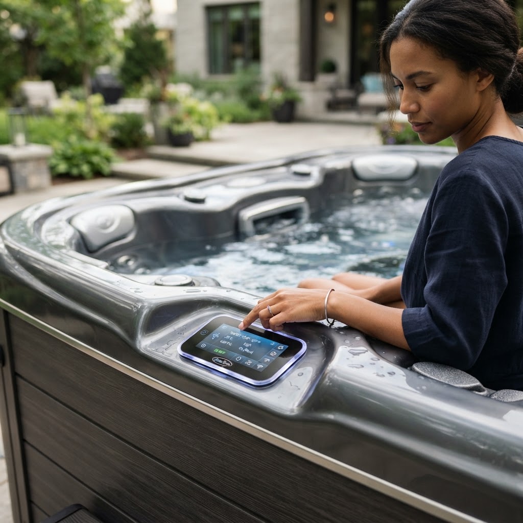 User adjusting hot tub control panel