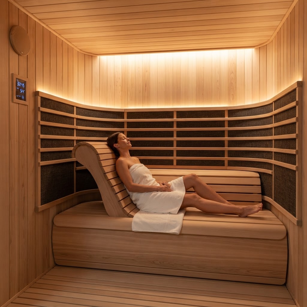 Infrared sauna interior with panels and wood seating