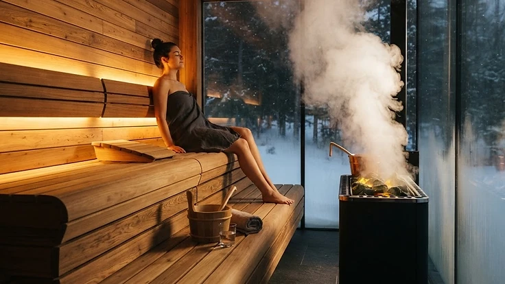 Premium cedar sauna interior with glowing heater stones.