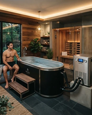 Premium home wellness room with a professional cold plunge and chiller system.