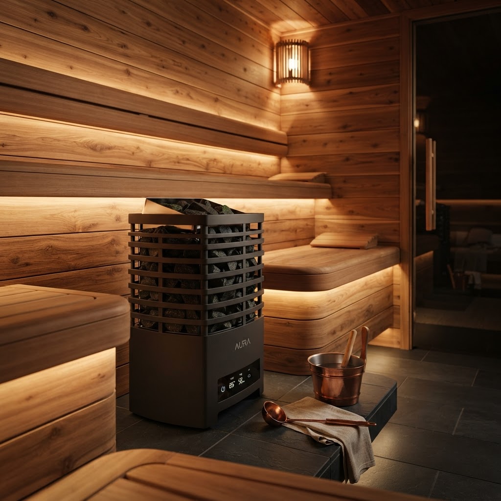 Premium sauna heater installed in a high-end home sauna.
