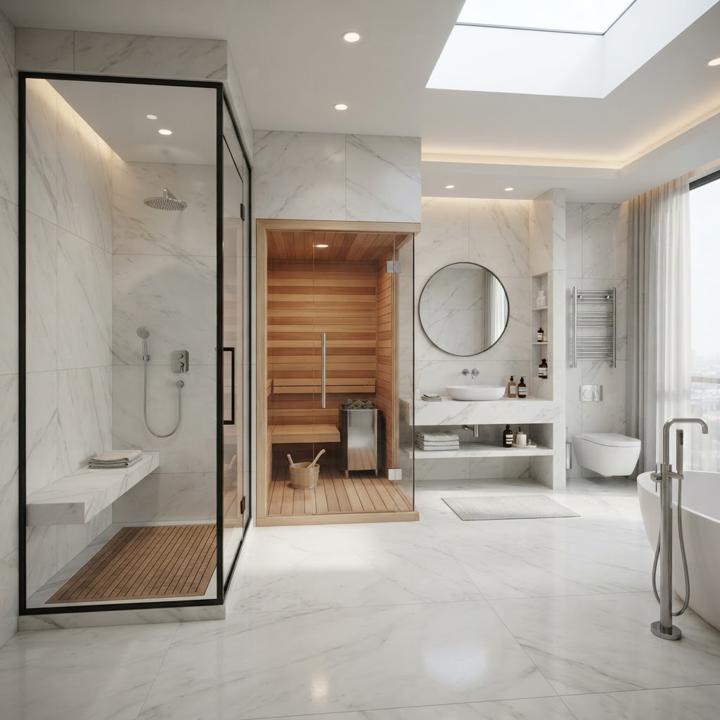 Luxury apartment home sauna and steam shower installation