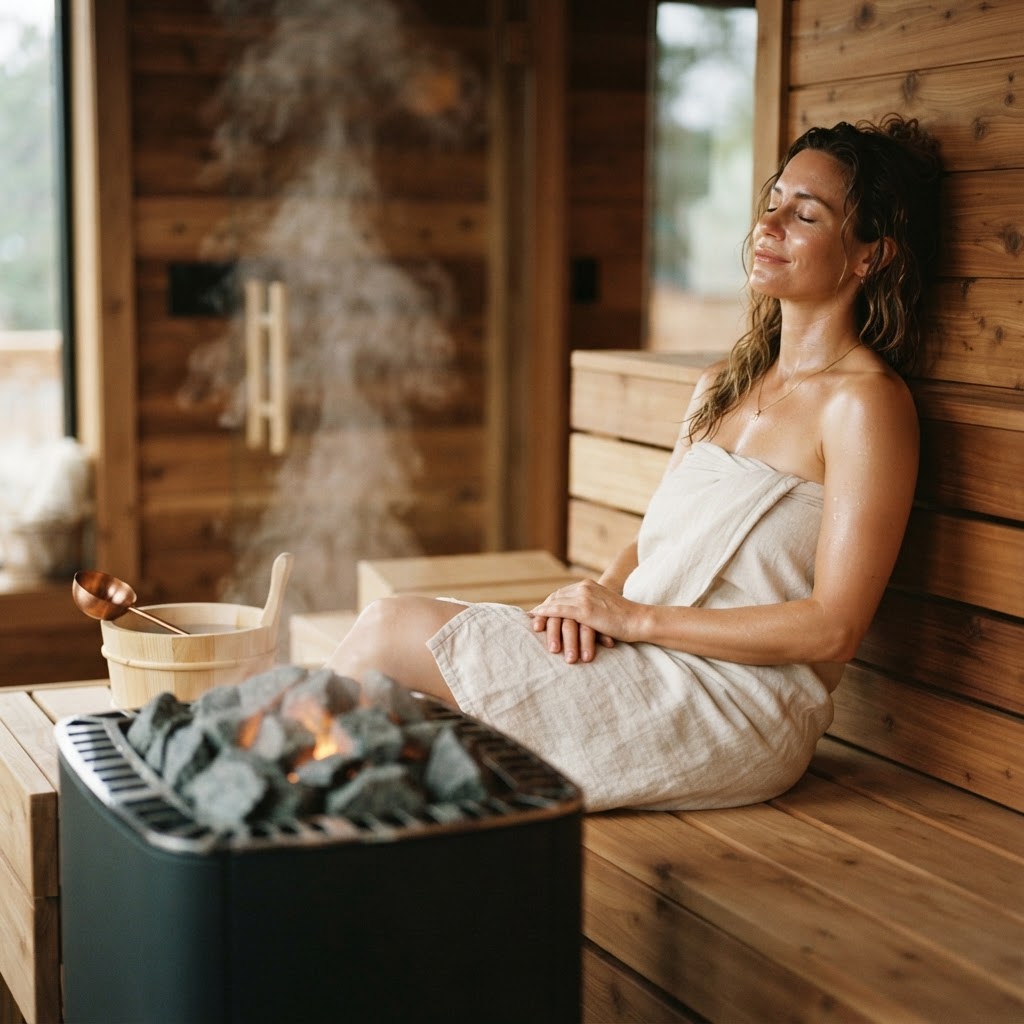 Close up of a sauna heater with steam and heat