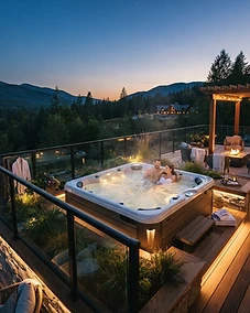 Luxury hot tub on a modern deck at night