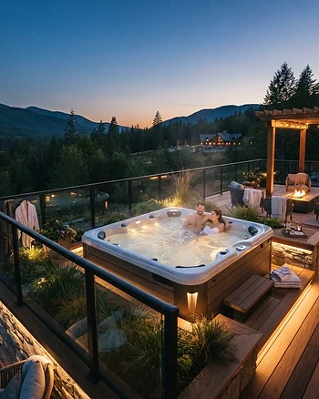 Luxury hot tub on a modern deck at night