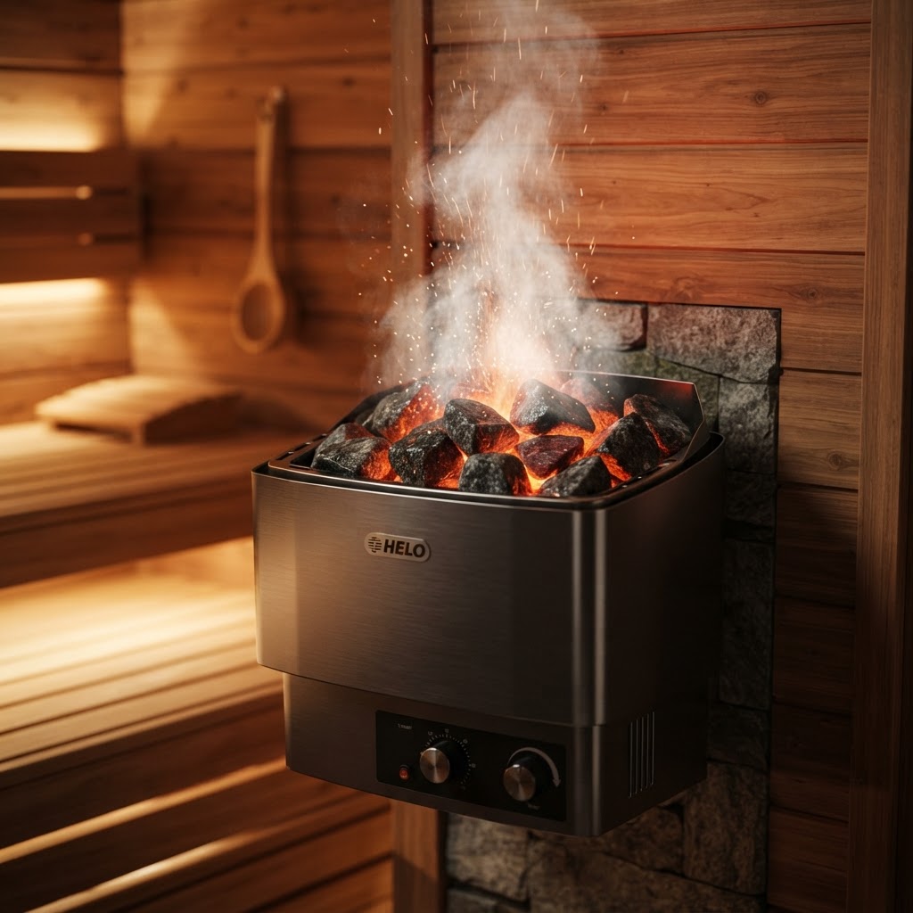 Close-up of a premium electric sauna heater in a cedar sauna.
