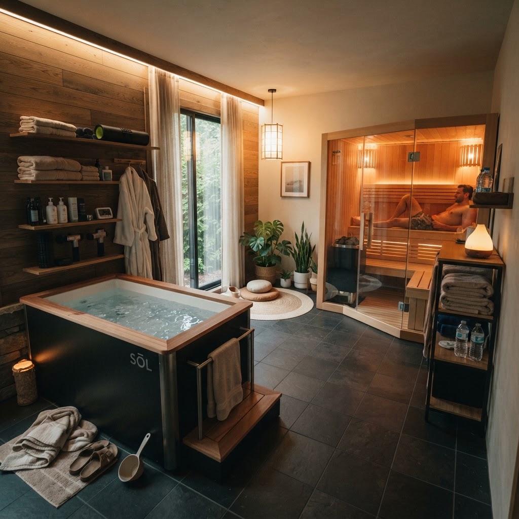 Home recovery room featuring a cold plunge and sauna