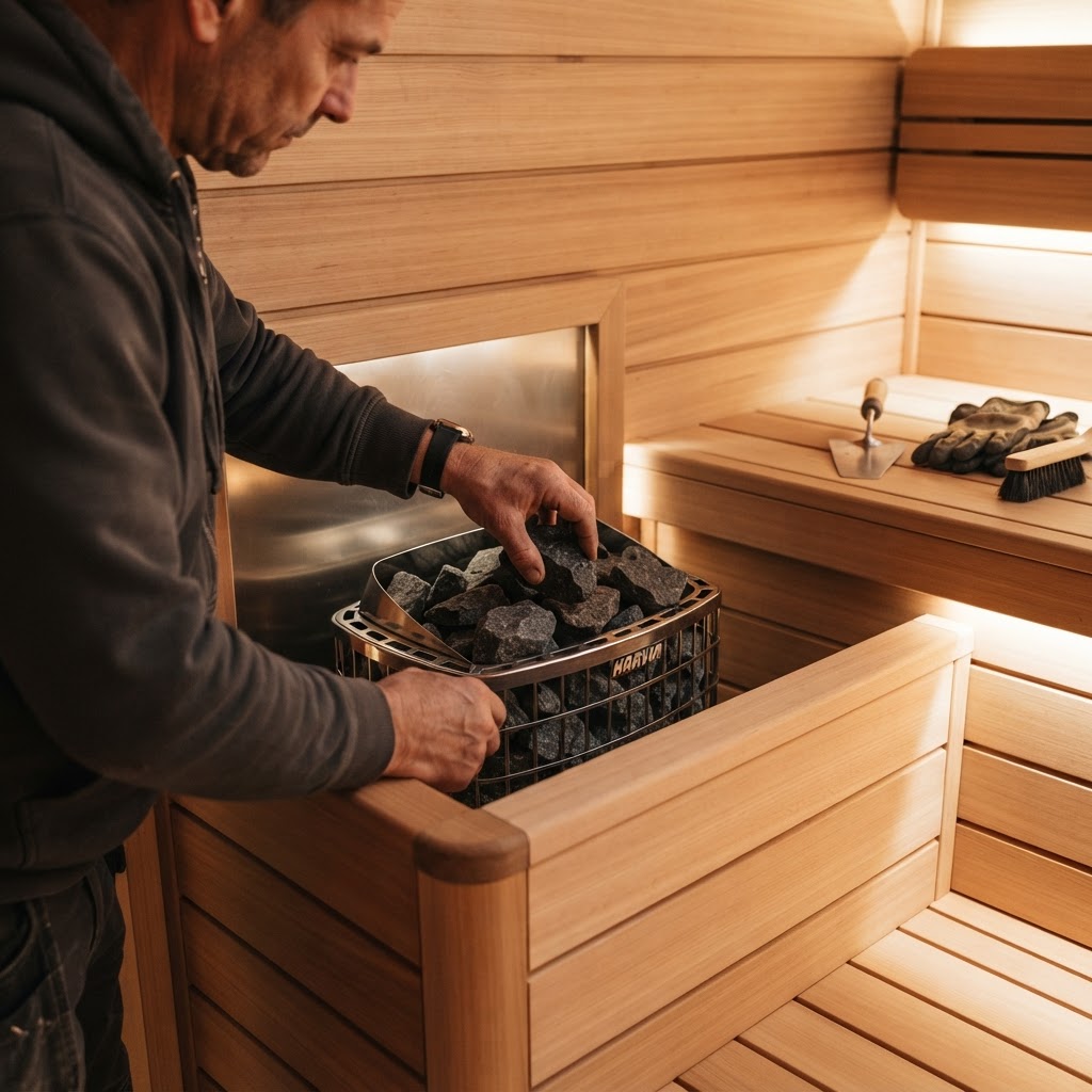 Installing heater stones in a high-end home sauna.