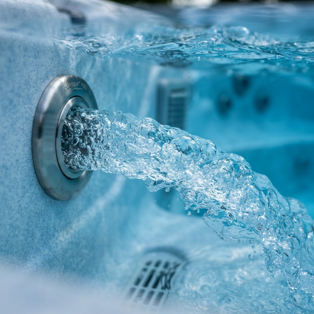 Powerful water current in a modern swim spa.