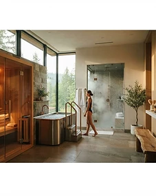 Luxury home wellness room with sauna, cold plunge, and steam shower