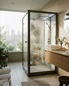 Modern portable steam shower in a small apartment bathroom