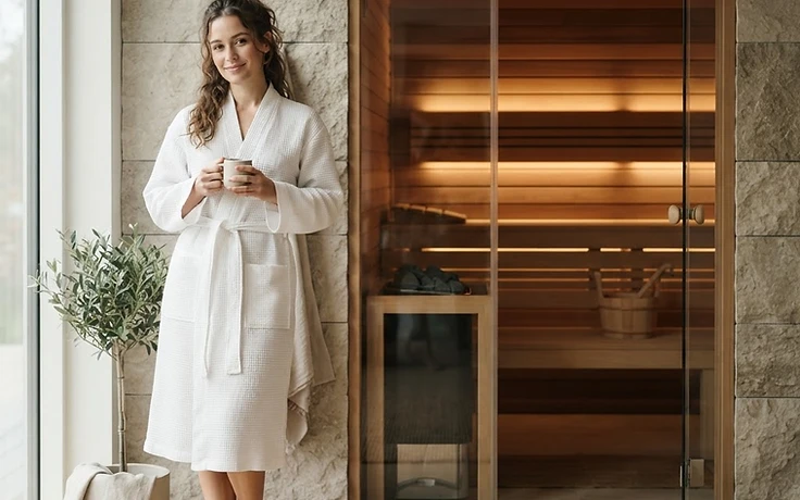 A woman in a white bathrobe beside a home infrared sauna with glowing red heating panels
