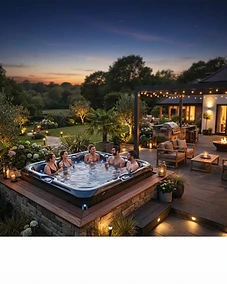Premium acrylic hot tub in a luxury backyard setting at dusk.
