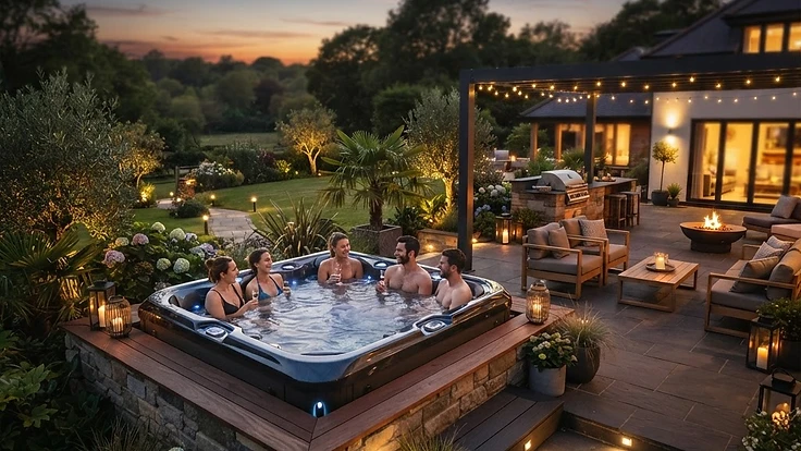 Premium acrylic hot tub in a luxury backyard setting at dusk.