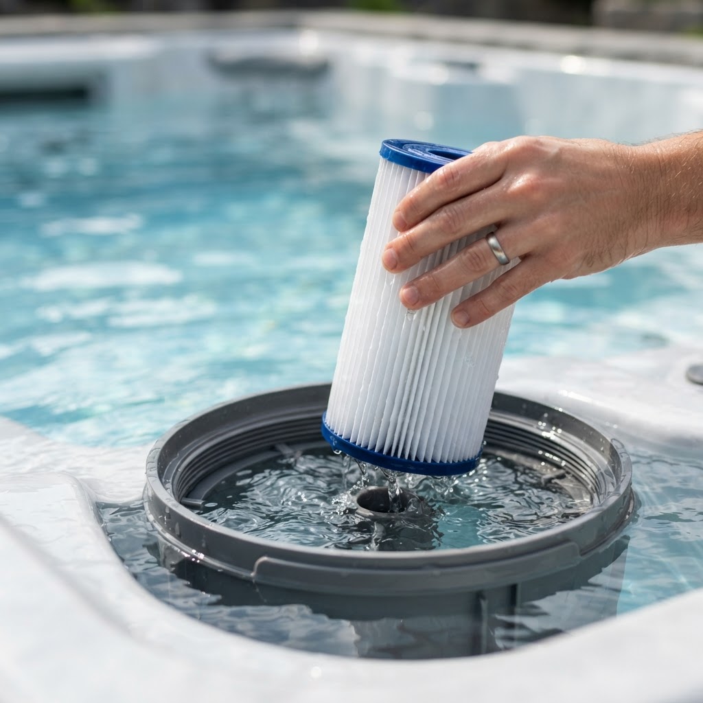 A clean swim spa filter being removed for maintenance.