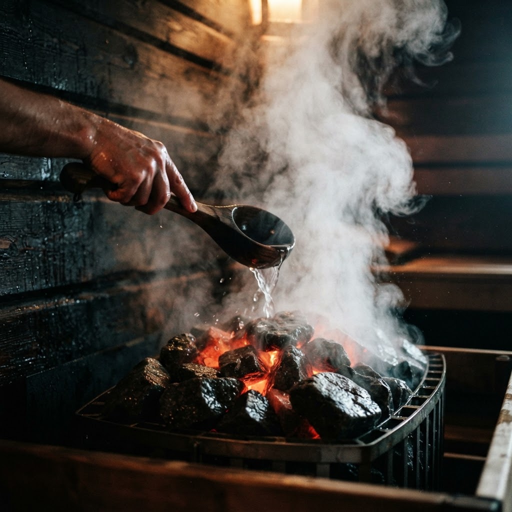 Pouring water over hot sauna rocks to create steam.