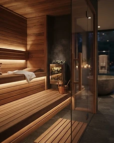 Modern home sauna featuring a premium electric heater and high-quality cedar interior.