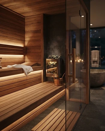 Modern home sauna featuring a premium electric heater and high-quality cedar interior.