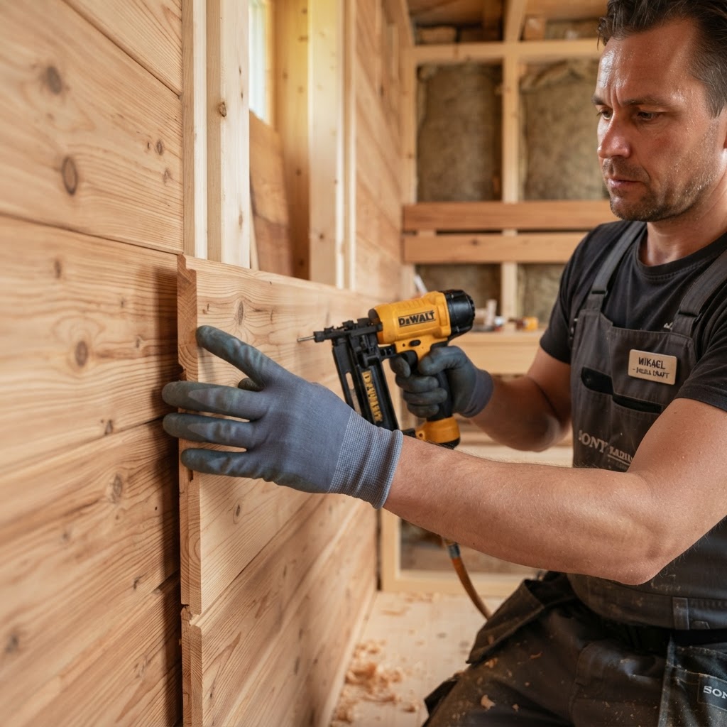 Craftsman installing premium sauna wall panels