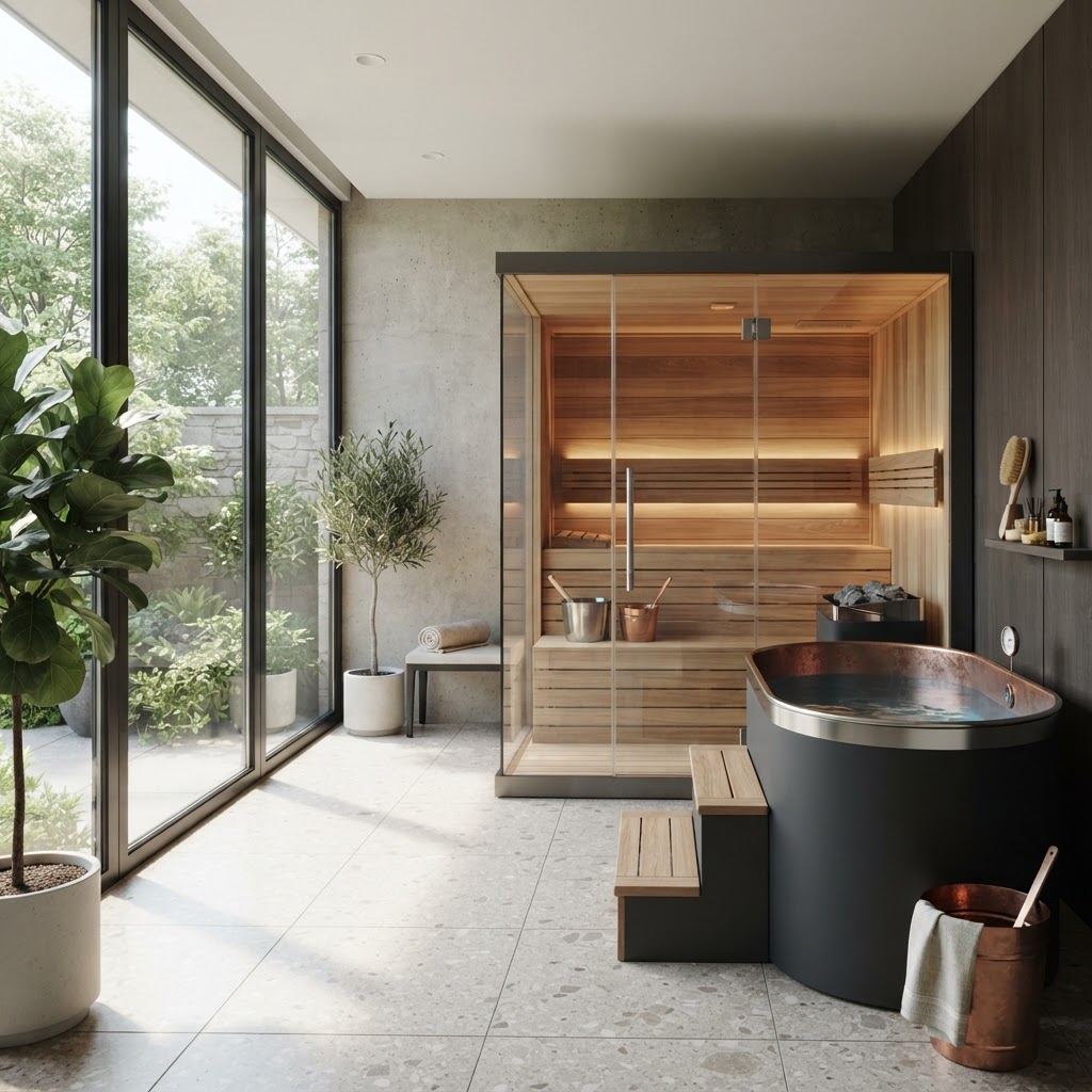 Luxury home wellness room with sauna and cold plunge.