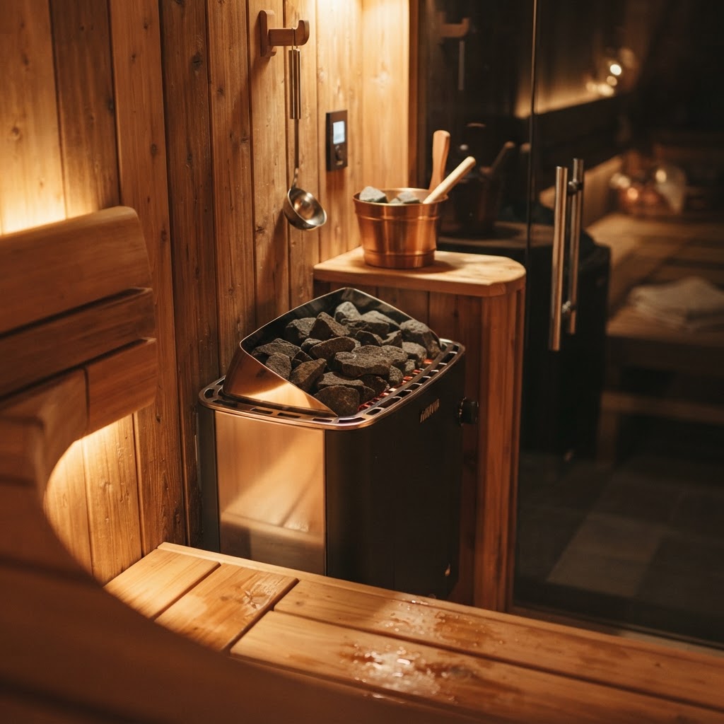Premium electric sauna heater in a compact home sauna.