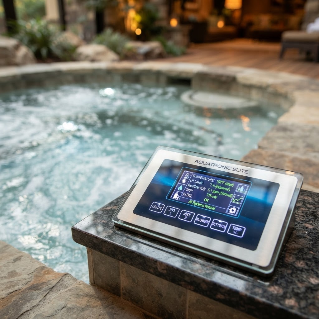 Modern hot tub control panel showing water chemistry