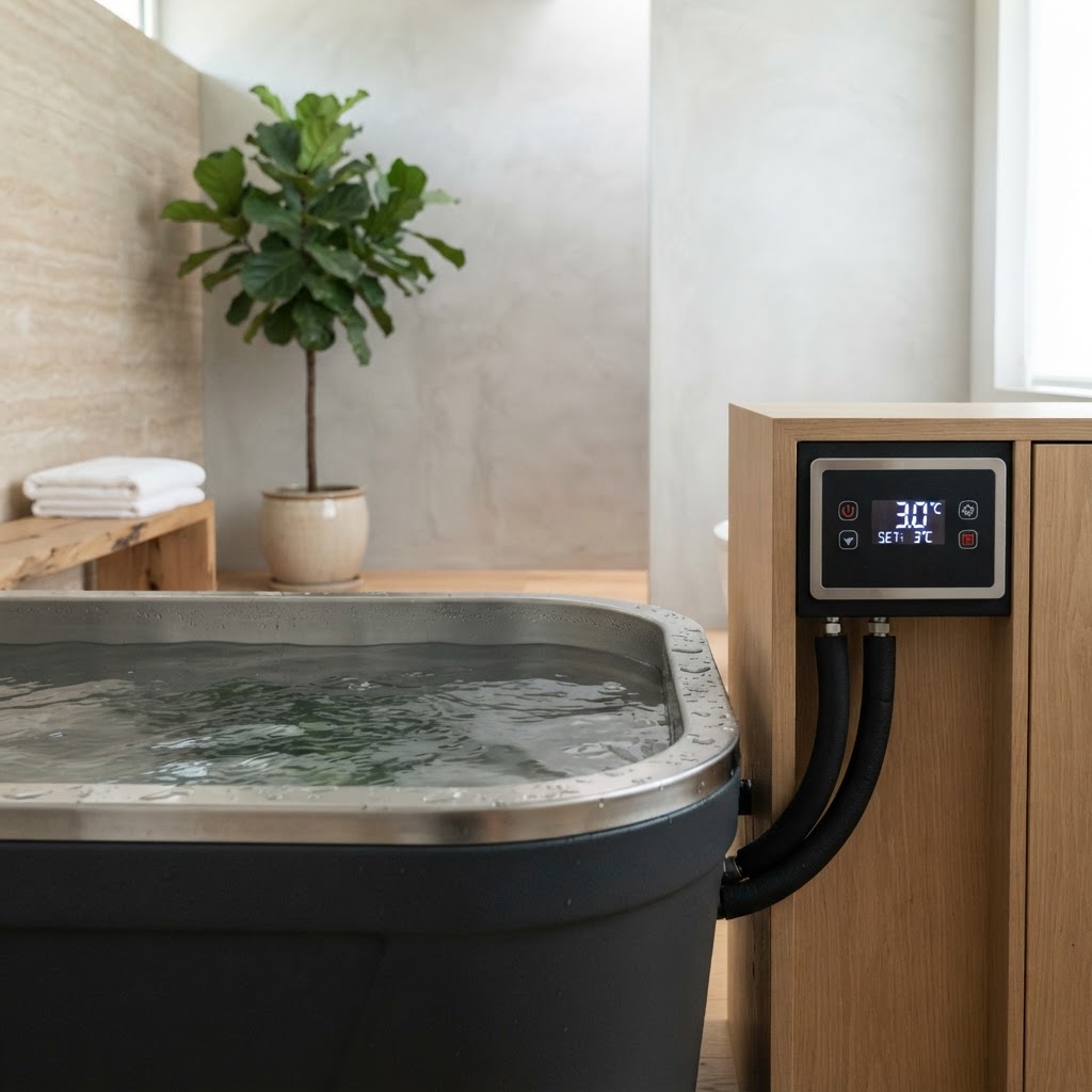 Indoor cold plunge with digital chiller interface