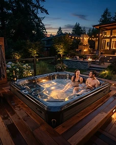 A luxurious hot tub in a beautiful backyard setting at night