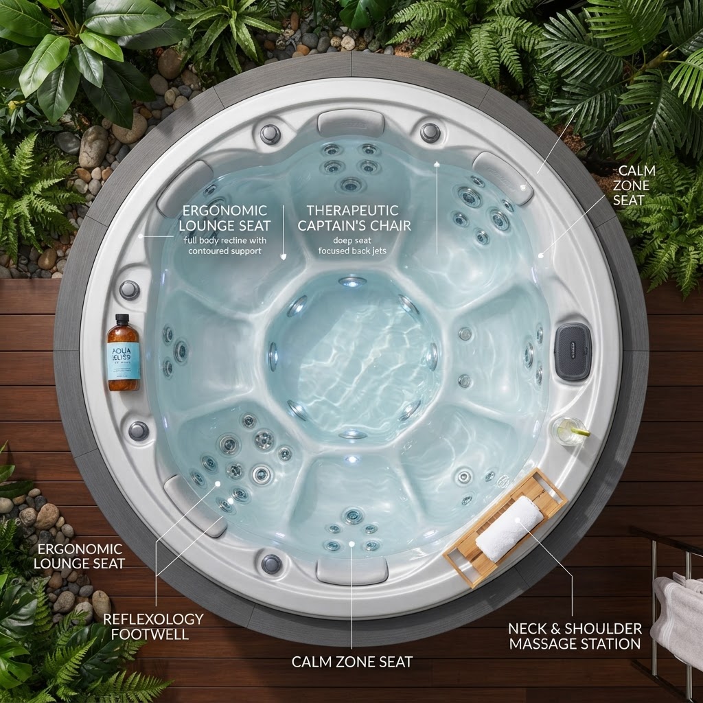 Top-down view of a spacious, ergonomic hot tub interior.