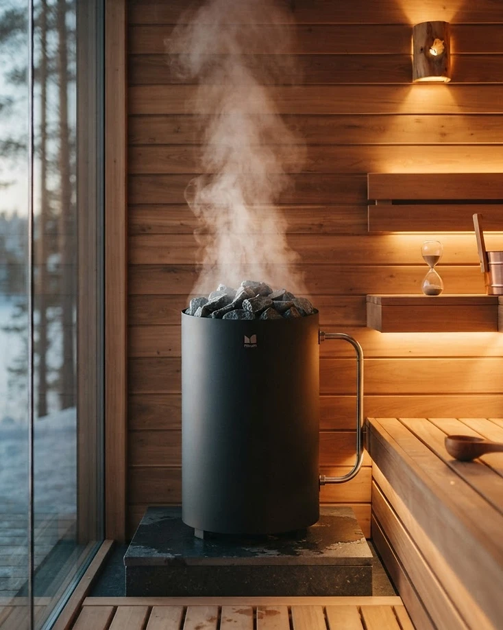 Premium sauna heaters from Huum, Harvia, and Finnleo Premium sauna heater with stones in a cedar sauna
