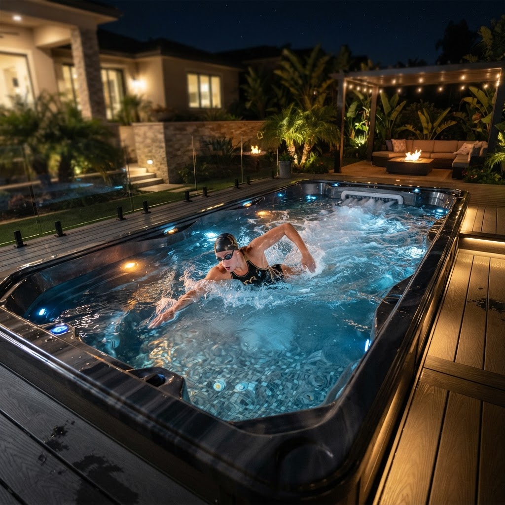 Person swimming in a modern swim spa at night