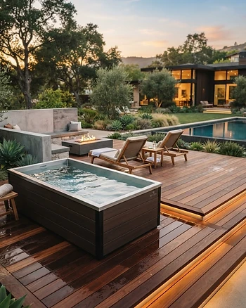Modern premium cold plunge tub on a minimalist wooden deck